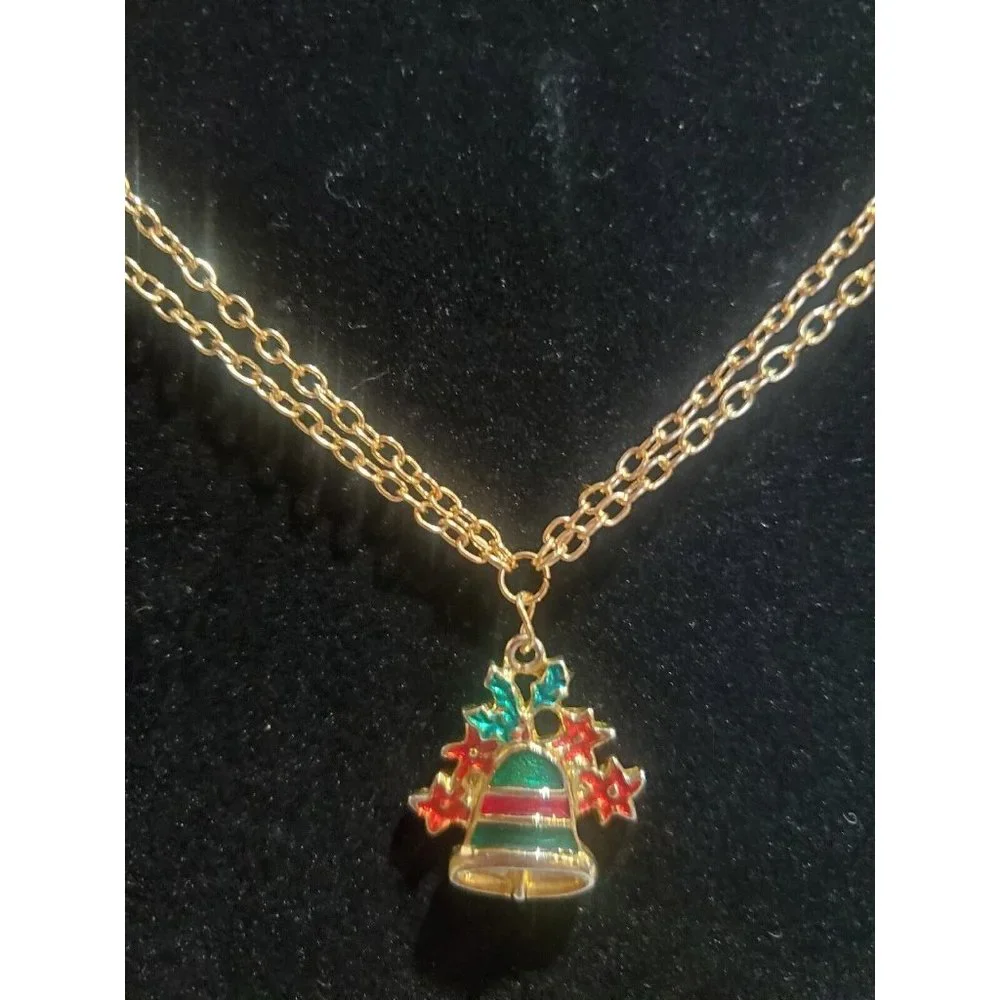 Christmas Bell Pendant Gold Tone Double Chain Necklace 22.5" Holiday Jewelry - Picture 2 of 7
